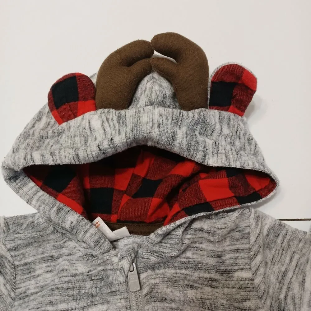 Cat & Jack Baby 12M‎ Romper Gray Heathered Stretch Buffalo Plaid Ears Horns Zip